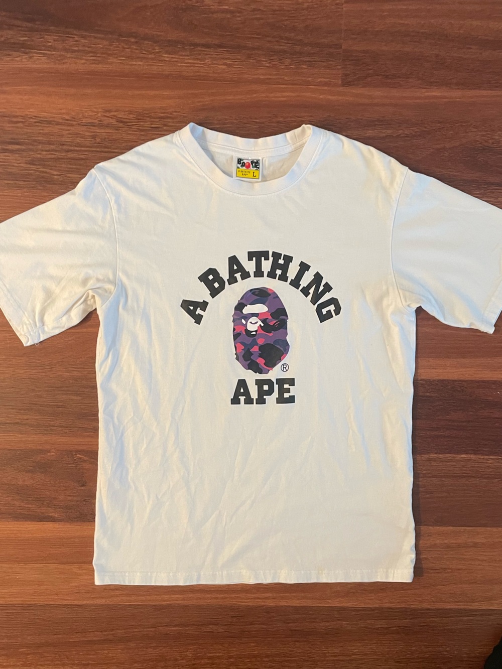 A Bathing Ape White Tee with Purple Camo Logo size Large